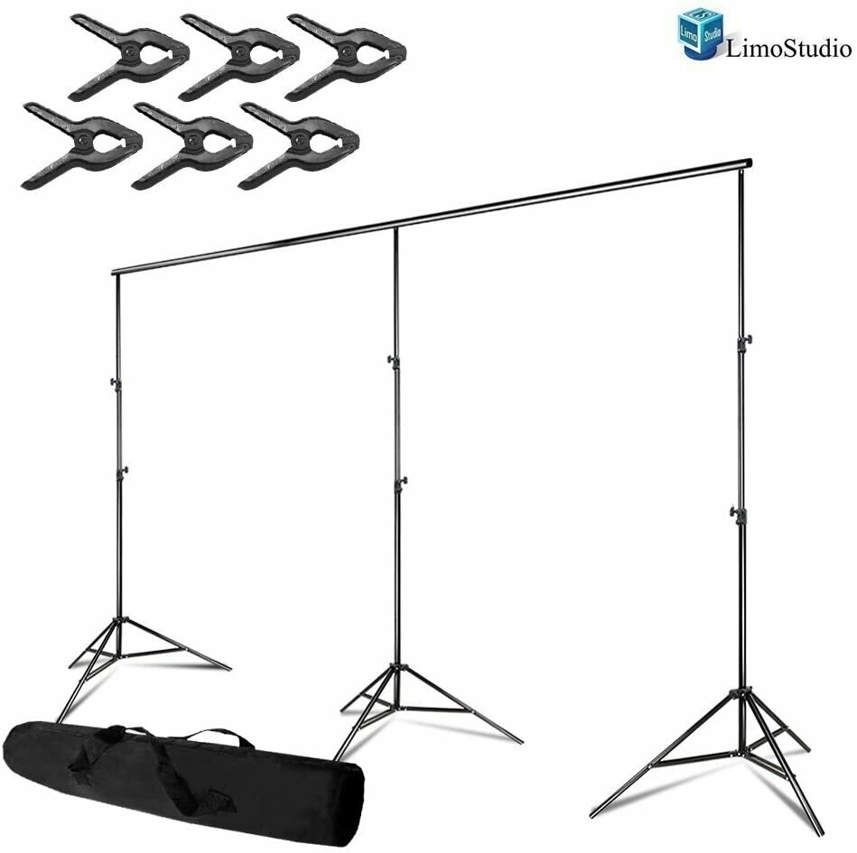 LimoStudio Photo Video Studio, Max 20 ft. Wide, Length Adjustable Photo Background Muslin Backdrop Support System with 3 Stands, Spring Support Clamp