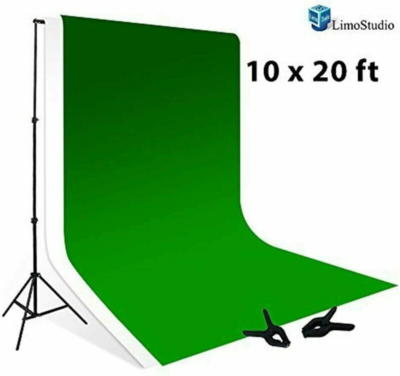 LimoStudio Background Stand Backdrop Support System Kit + 10&#39; X 20&#39; Green Chroma Key Muslin  + 10&#39; x 20&#39;  White Muslin Backdrop Background