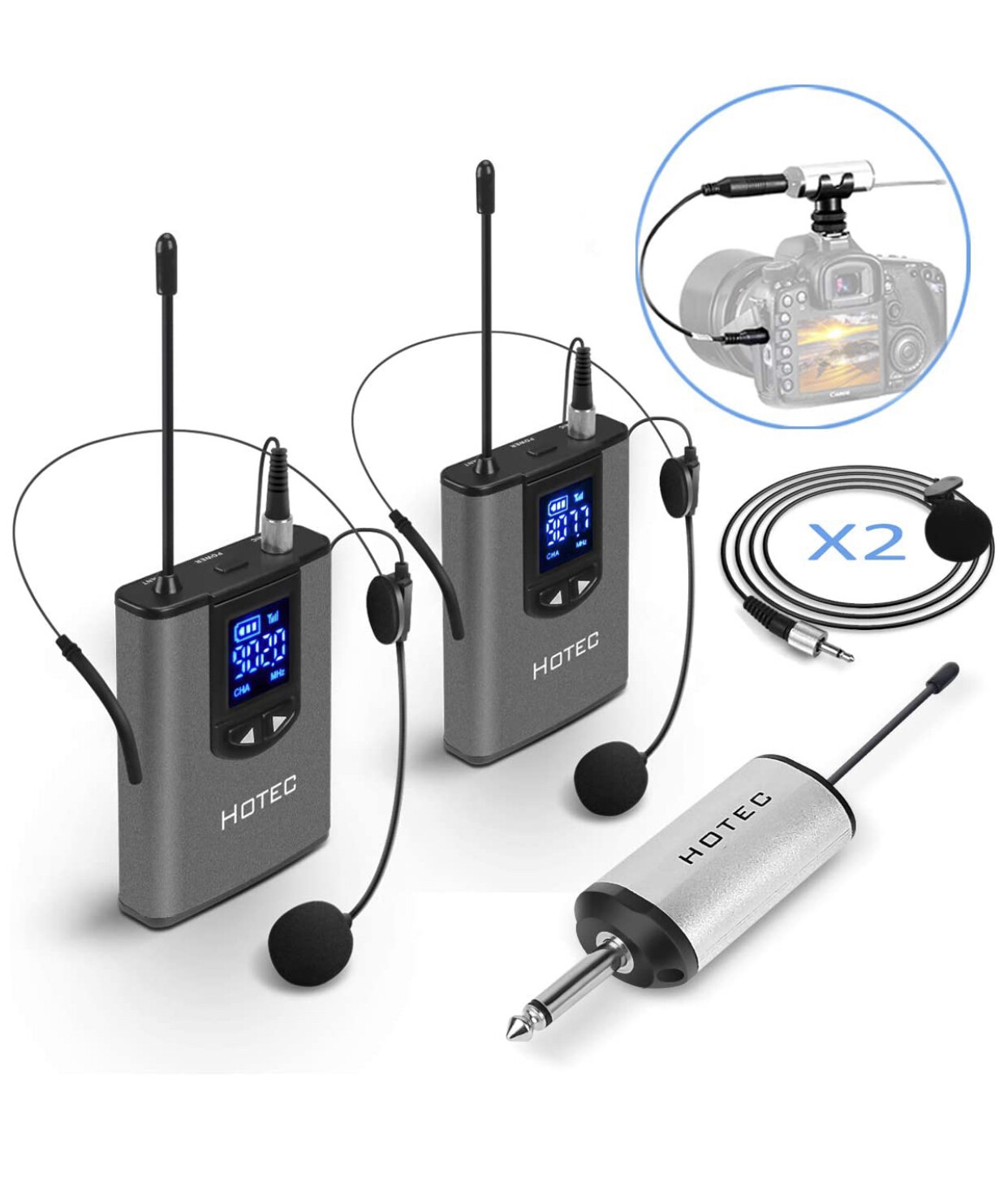 Hotec Wireless System with Dual Headset Microphones/Lavalier Lapel Mics and Bodypack Transmitters and One Mini Rechargeable Receiver 1/4&quot; Output, for Live Performances