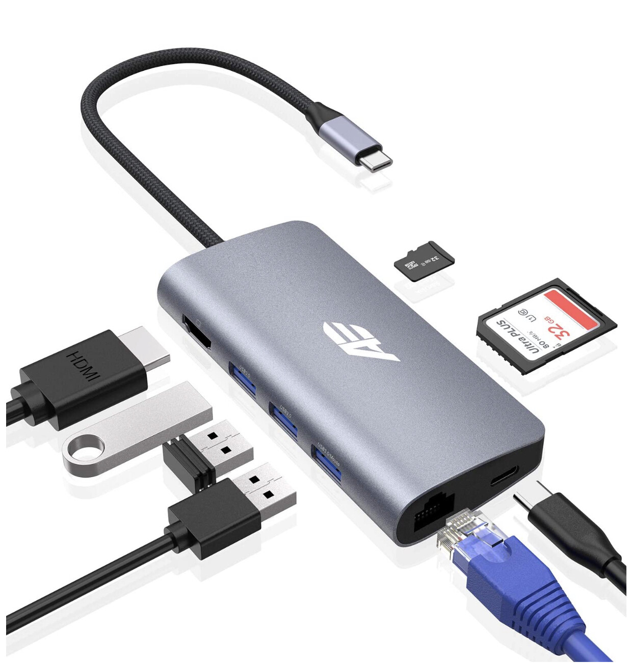 USB C Hub, Audlin 8 in 1 USB Type C Hub Adapter, to 4K HDMI, 3 USB 3.0 Port, 1 USB C Charging, SD/Micro SD/TF Card Reader, Gigabit Ethernet, for MacBook Pro, iPad Pro 2018 and More