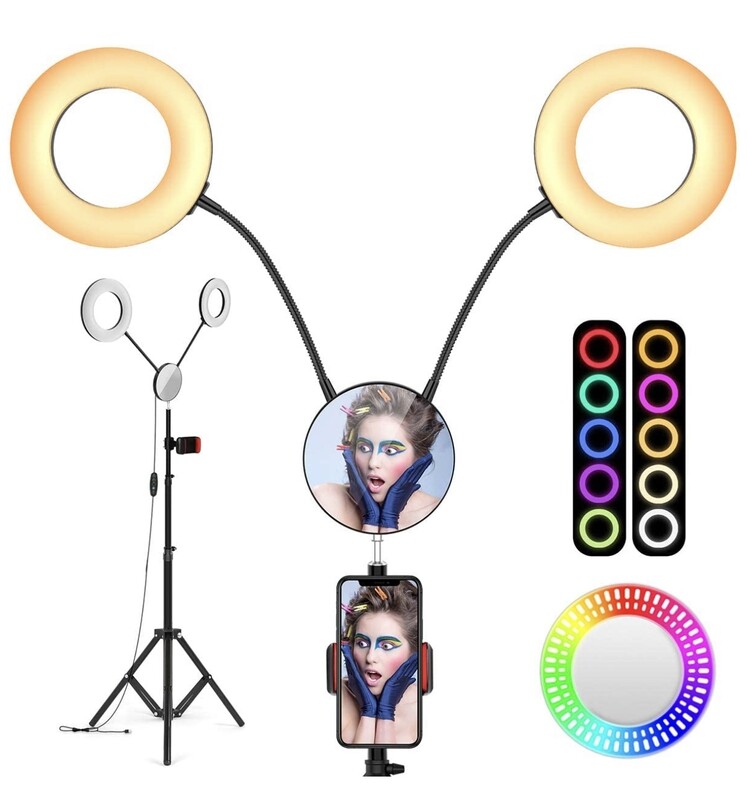 iBesi Dual Ring Light, 11 Light Modes, 2700-6500K, 2020 Upgraded 7&quot; Dimmable Led Ring Light with Tripod Stand &amp; Phone Holder &amp; Mirror for Streaming, Makeup, Selfie Photography, YouTube