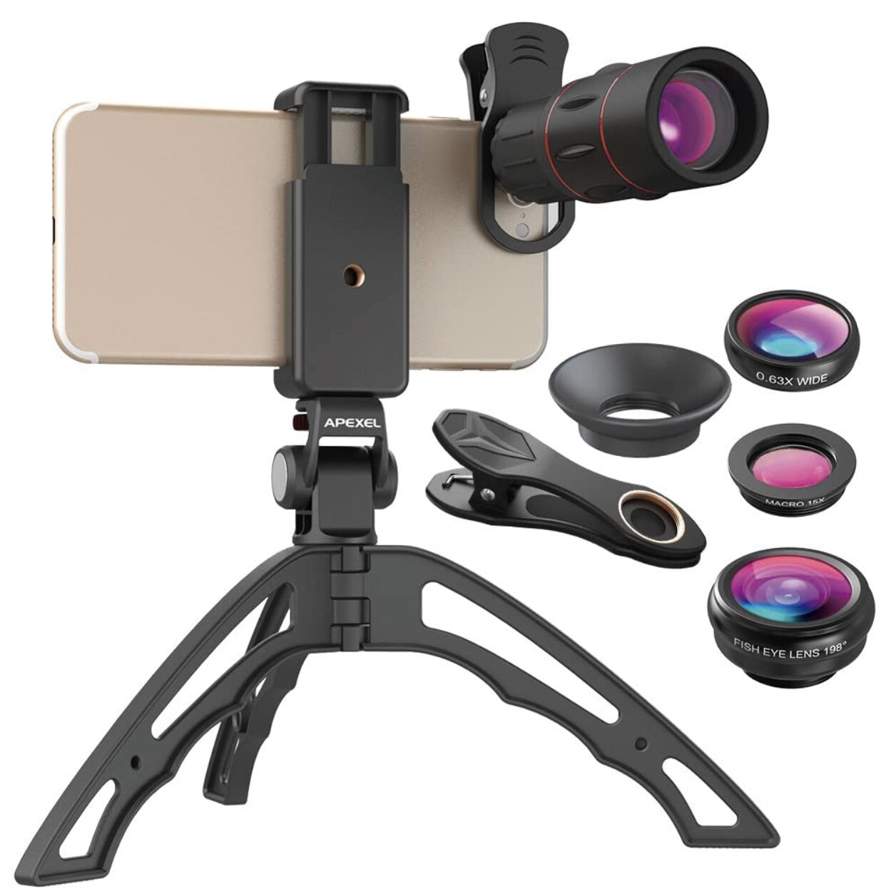 Apexel Zoom Lens for Smartphone18X Telescope, Fisheye, Wide Angle 15x Macro Lens Kit with Hand Held Tripod