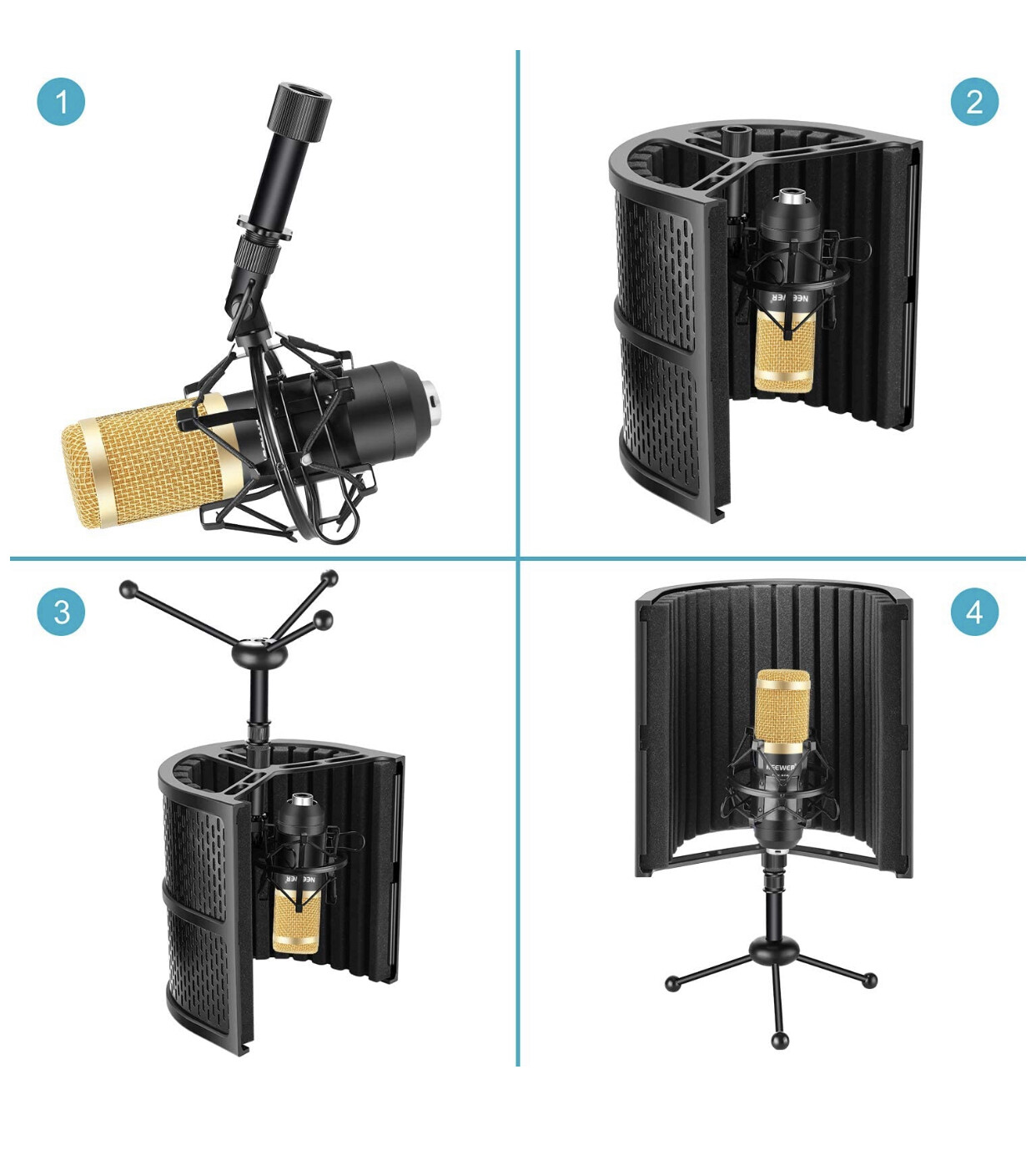 Neewer Tabletop Compact Microphone Isolation Shield with Absorbing Foam, Shock Mount, Tripod Stand, Audio Cable