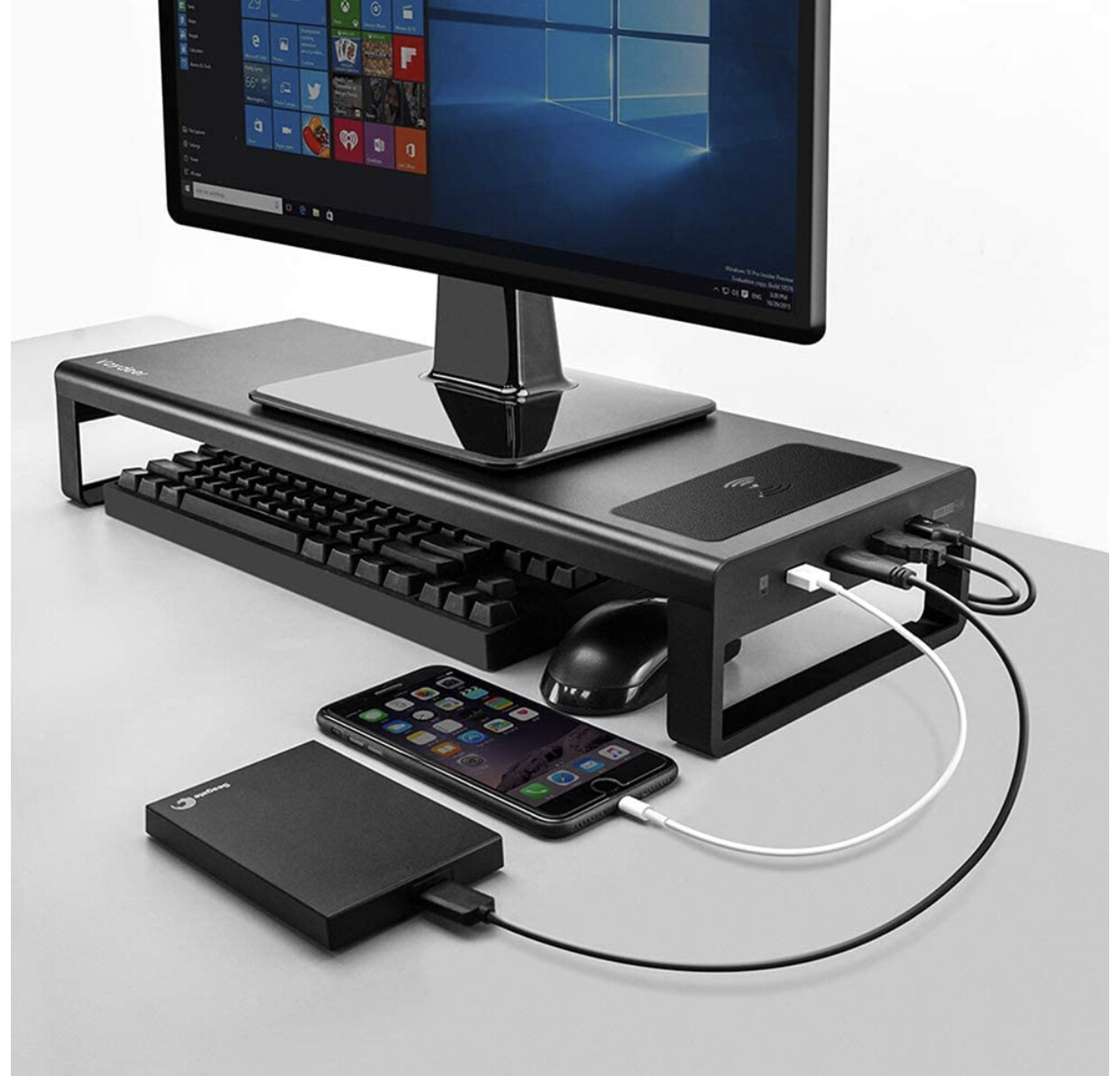 Vaydeer USB3.0 Wireless Charging Aluminum Monitor Stand Riser Support Transfer Data and Charging,Keyboard and Mouse Storage Desk Organizer up to 27inch