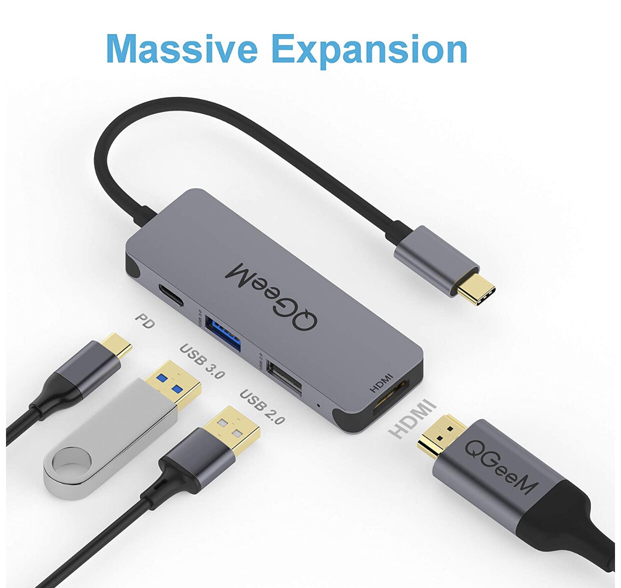 USB C Hub,QGeeM 4-in-1 USB C Hub Adapter to 4K HDMI Multiport Adapter, USB 3.0, 100W PD Charger, USB 2.0