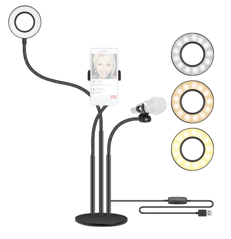 Neewer Live Broadcast LED Selfie Ring Light with Cell Phone Holder and Microphone Holder, Negro