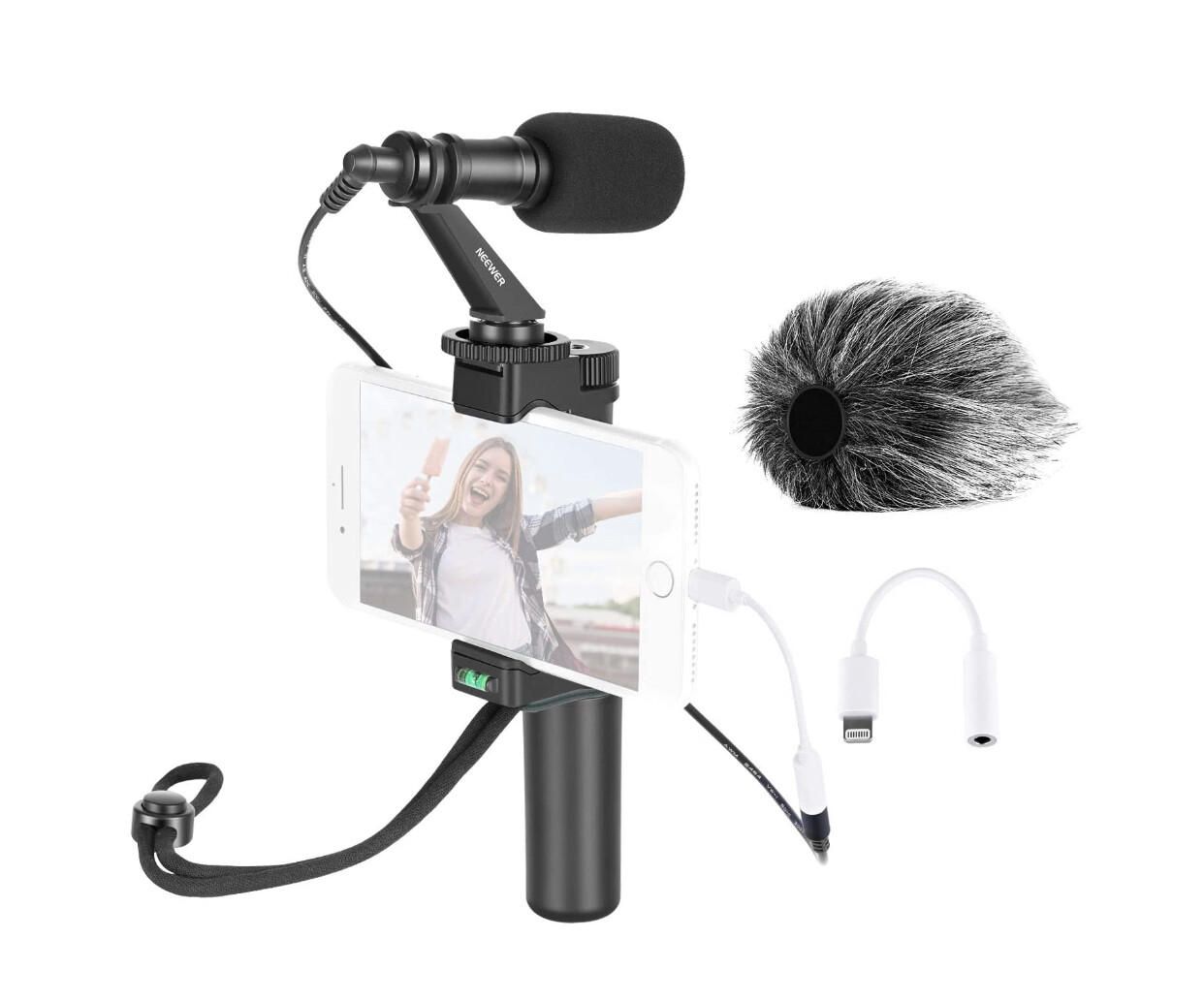 Neewer Smartphone Rig Filmmaker Grip Tripod Mount with Phone Clip and CM14 Video Microphone with Headphone Jack Adapter