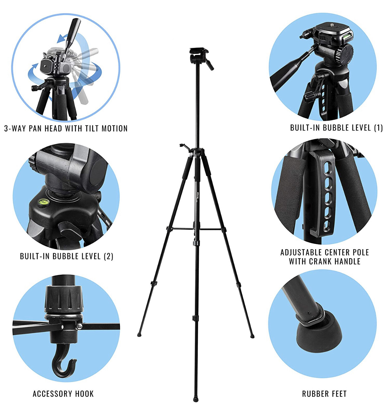 Ultimaxx 75&quot; Lightweight Portable Aluminum Alloy Camera Tripod Stand with Tilting 3-Way Pan Head