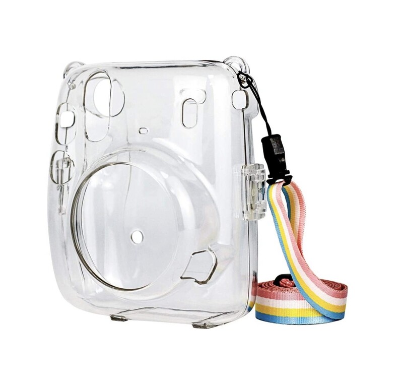 Protective Clear Case for Fujifilm Instax Mini 11, Crystal Camera Case with Adjustable Rainbow Shoulder Strap