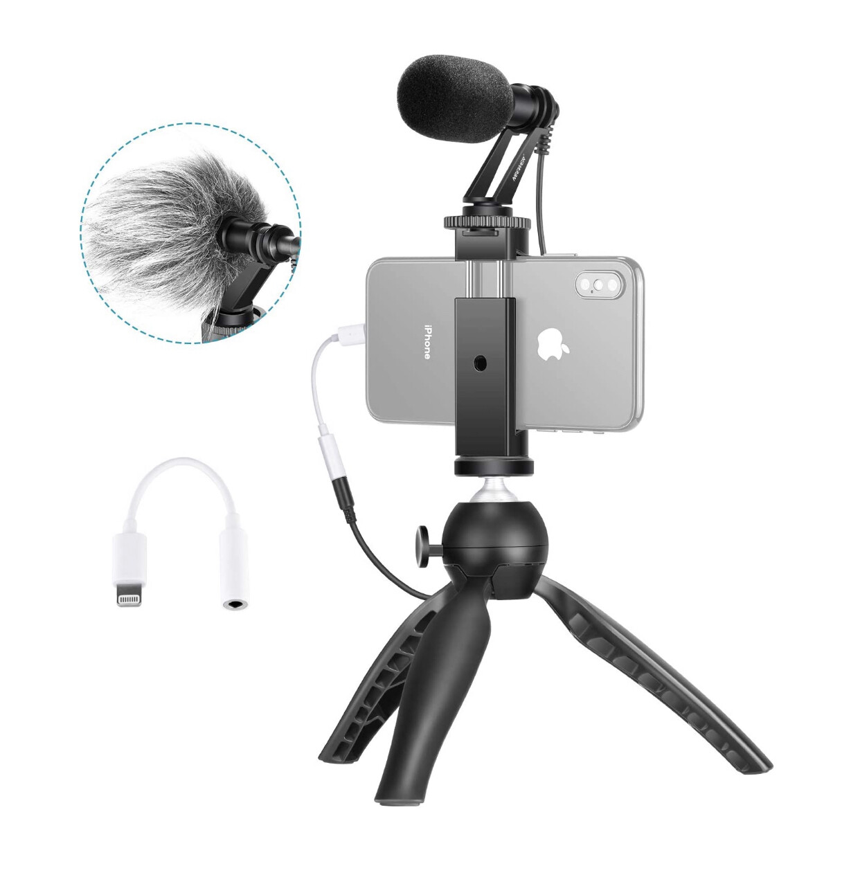 Neewer Smartphone Video Rig Kit Mini Tripod with CM14 Shotgun Microphone, Headphone Converter Adapter, Metal Phone Clip
