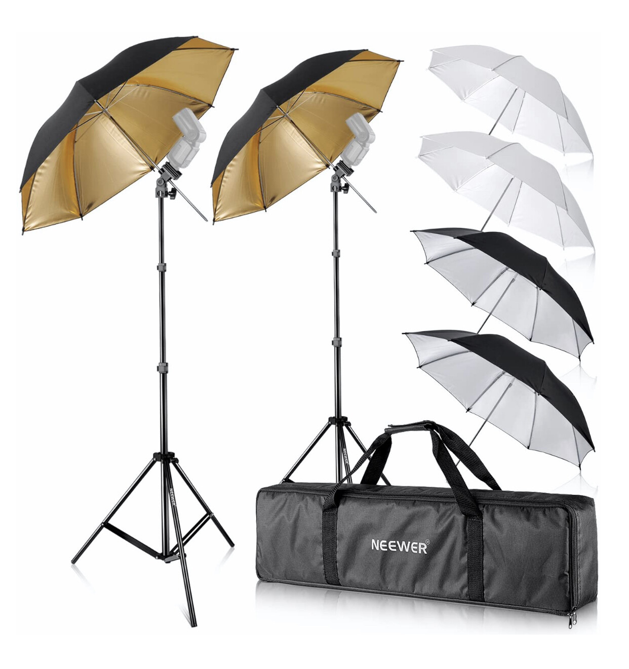Neewer Flash Mount Three Umbrellas Kit (2) 33&quot;/84cm White Soft/Silver Reflective/Gold Reflective Umbrella