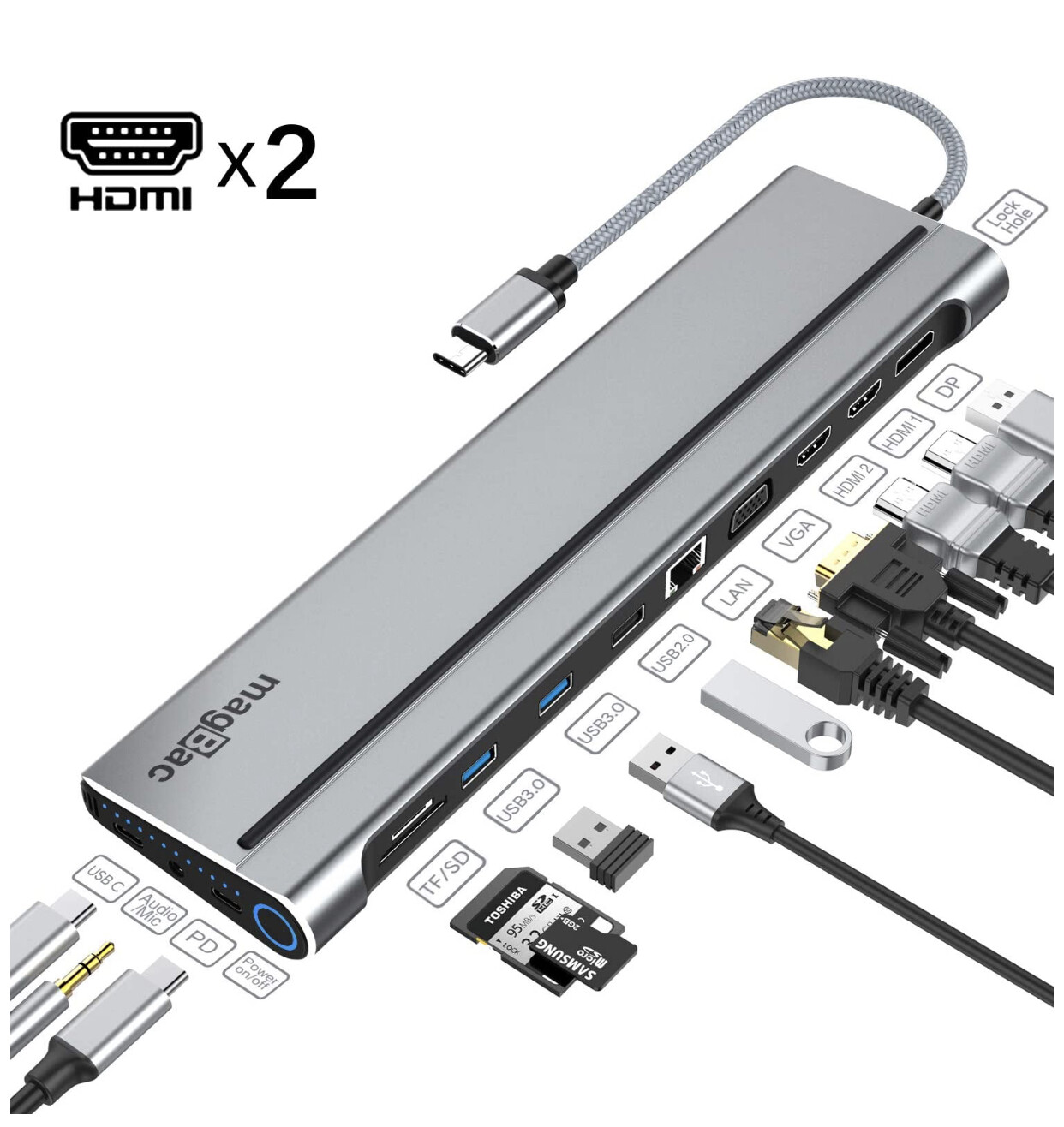 thumbnail image 2 of 10-in-1 USB C Docking Station For Mac & Windows - Dual HDMI 4K, 100W PD, LAN, SD/TF, Audio, Compatible With MacBook M1/M2/M3/M4 & Intel Laptops 2 of 9