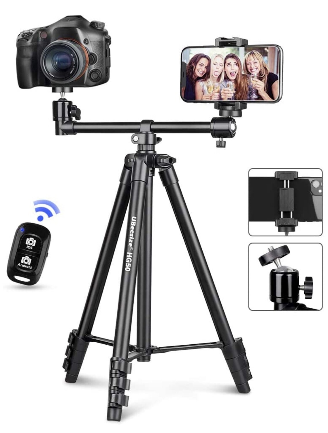 UBeesize 50-inch Phone Tripod Stand with Extended Arm with 360° Adjustable Ball Head, remote control