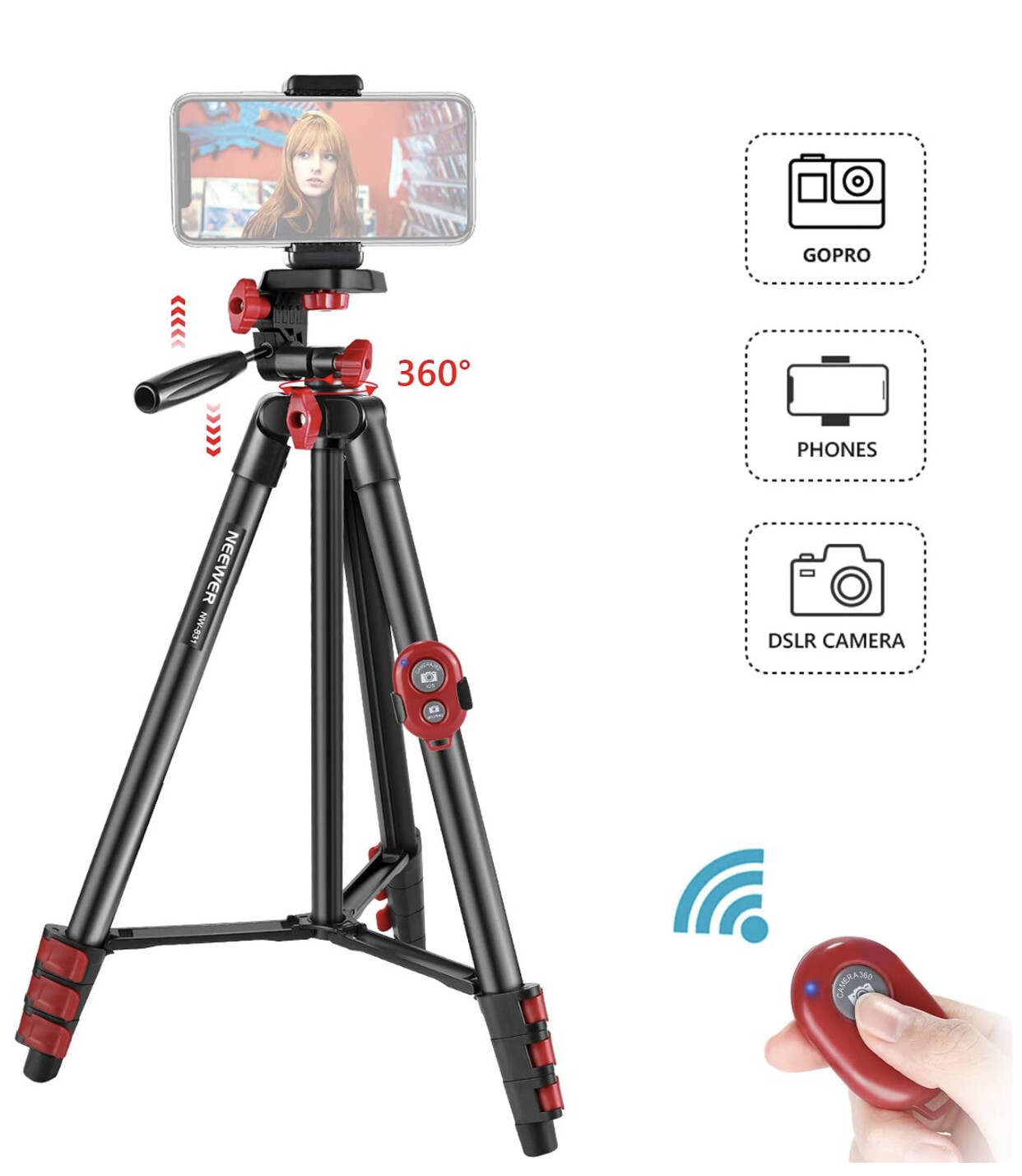 Neewer Tripod 54 inch Travel Tripod with Remote, Cellphone Mount and 3-Way Pan Head
