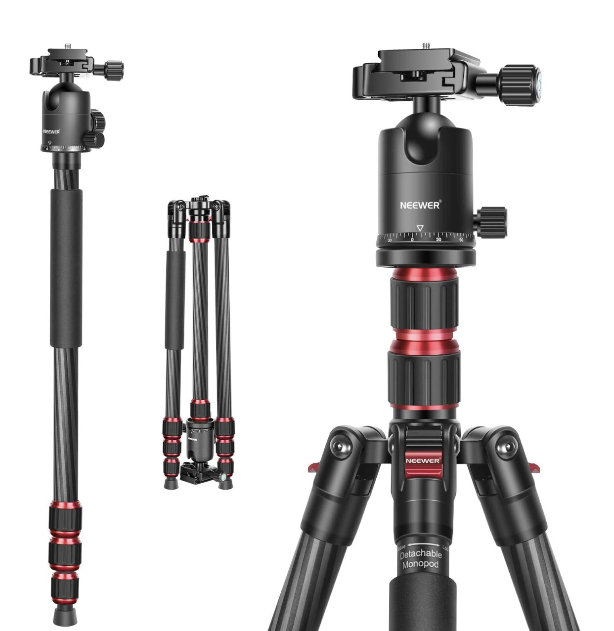 Neewer 79 Inches Carbon Fiber Tripod Monopod with 2 Center Axis, 360 Ball Head, 1/4 inch Quick Shoe