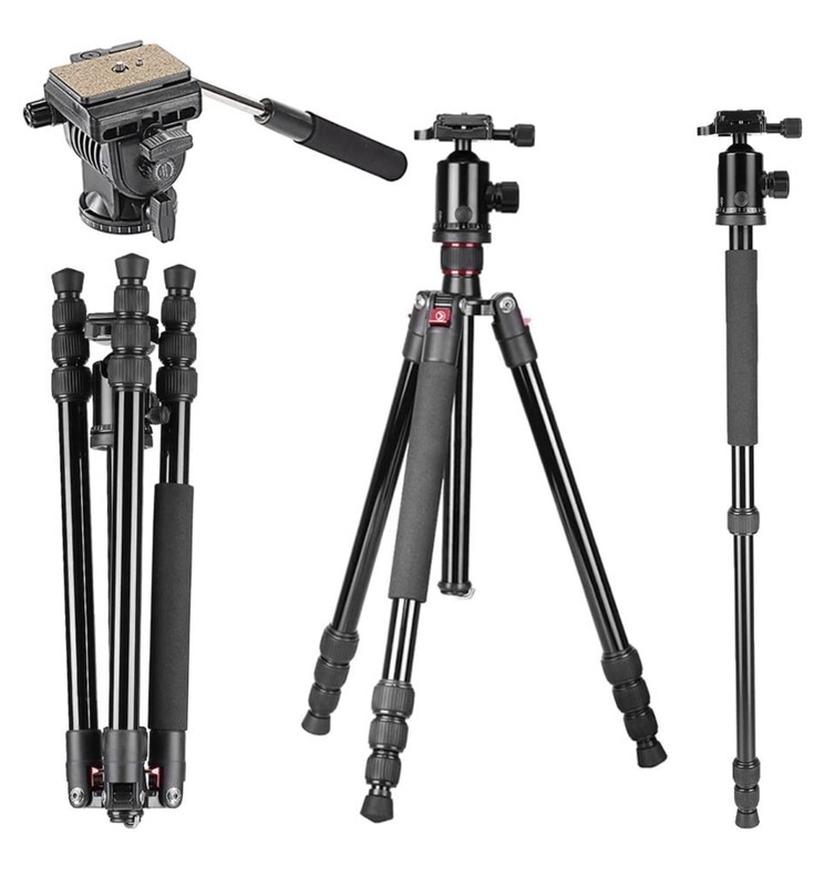 Neewer 64″Tripod Monopod with 360 Degree Ball Head,Fluid Video Head, Quick Release Plate, level and bag