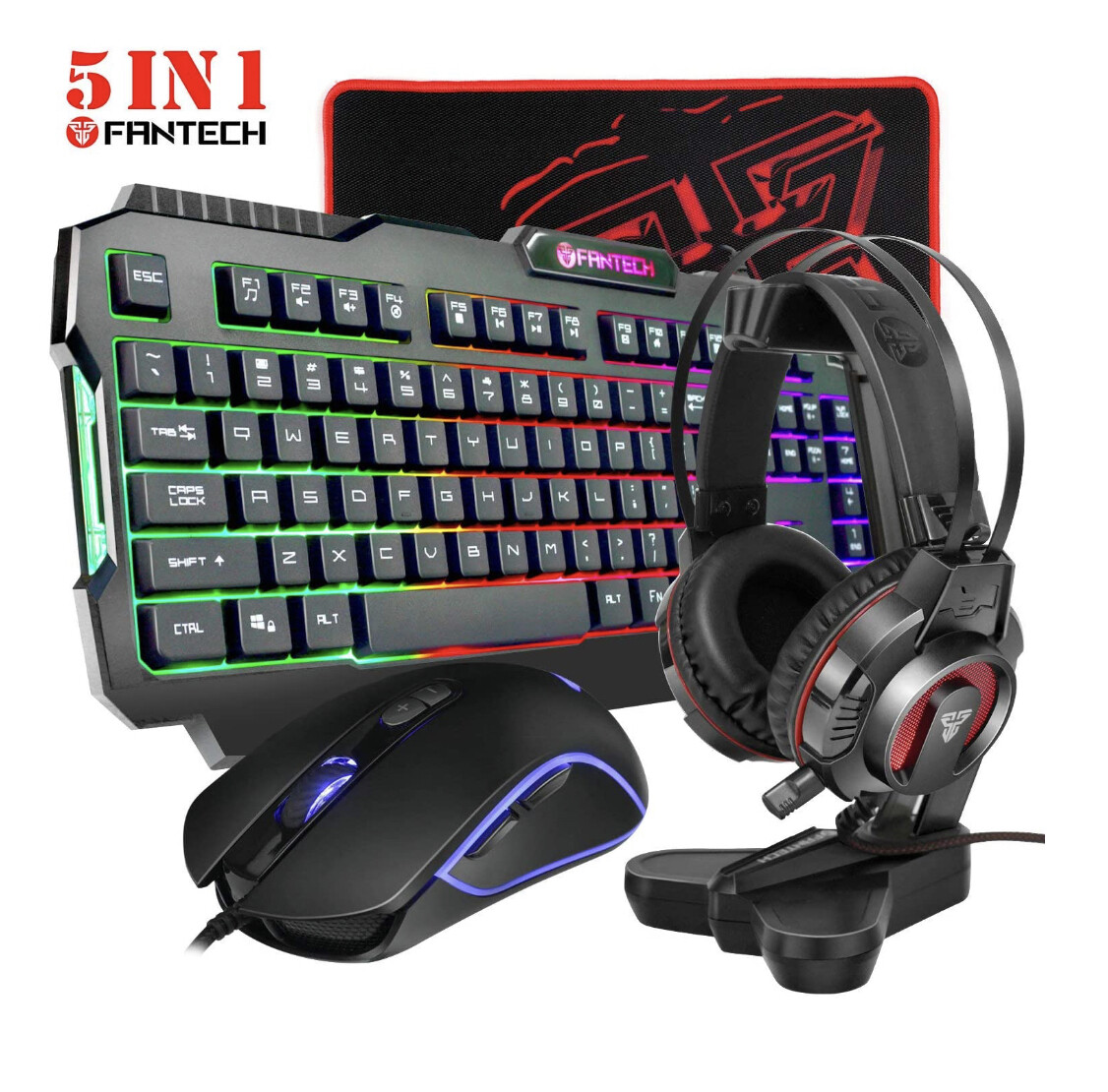 Fantech Gaming kit, Rainbow Backlit 104 Keys Keyboard, 4800DPI Macro RGB Mouse gaming Headphones, Headset Stand, Mousepad