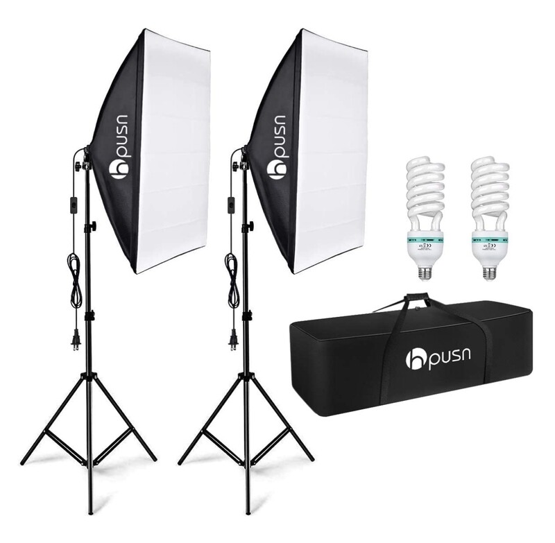 HPUSN Softbox Lighting Kit Professional Studio, Continuous Lighting with 85W 5500K E27 Socket and 2 Reflectors 50 x 70 cm