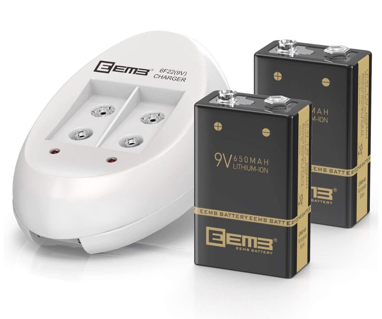 EEMB LP 9V Rechargeable Batteries Lithium ion Battery Charger with 2 PCS 650mAh 9Volt Li-ion