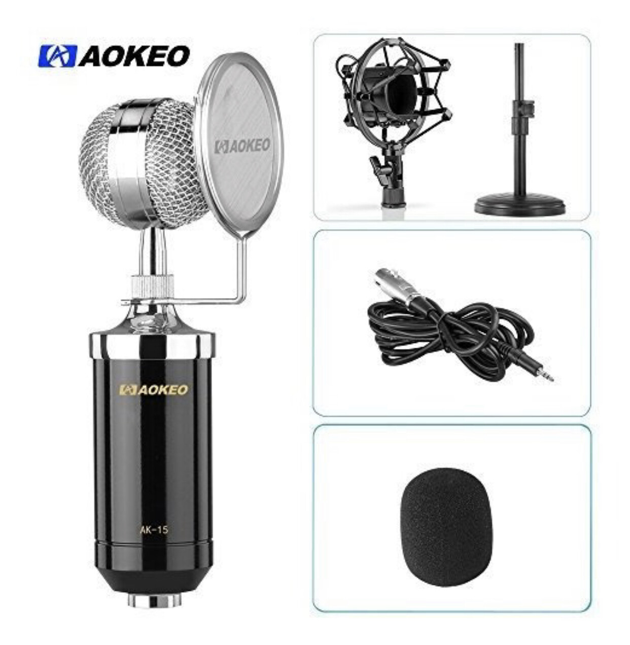 Aokeo AK-15 Desktop Condenser Microphone Kit with Audio Cable Bundle with Iron Desktop 4.7 - 7.5- Inch Mic Stand, Metal Shock Mount and Mic Wind Screen Filter Shied