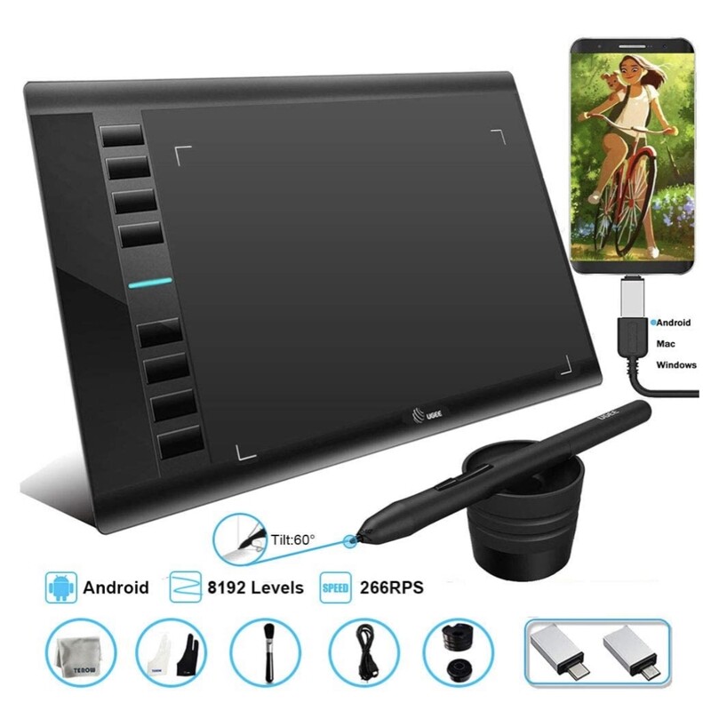 Graphics Tablet M708 UGEE 10 x 6 inch Android Supported Large Active Area Drawing Tablet with 8 Hot Keys, 8192 Levels Pen, Compatible