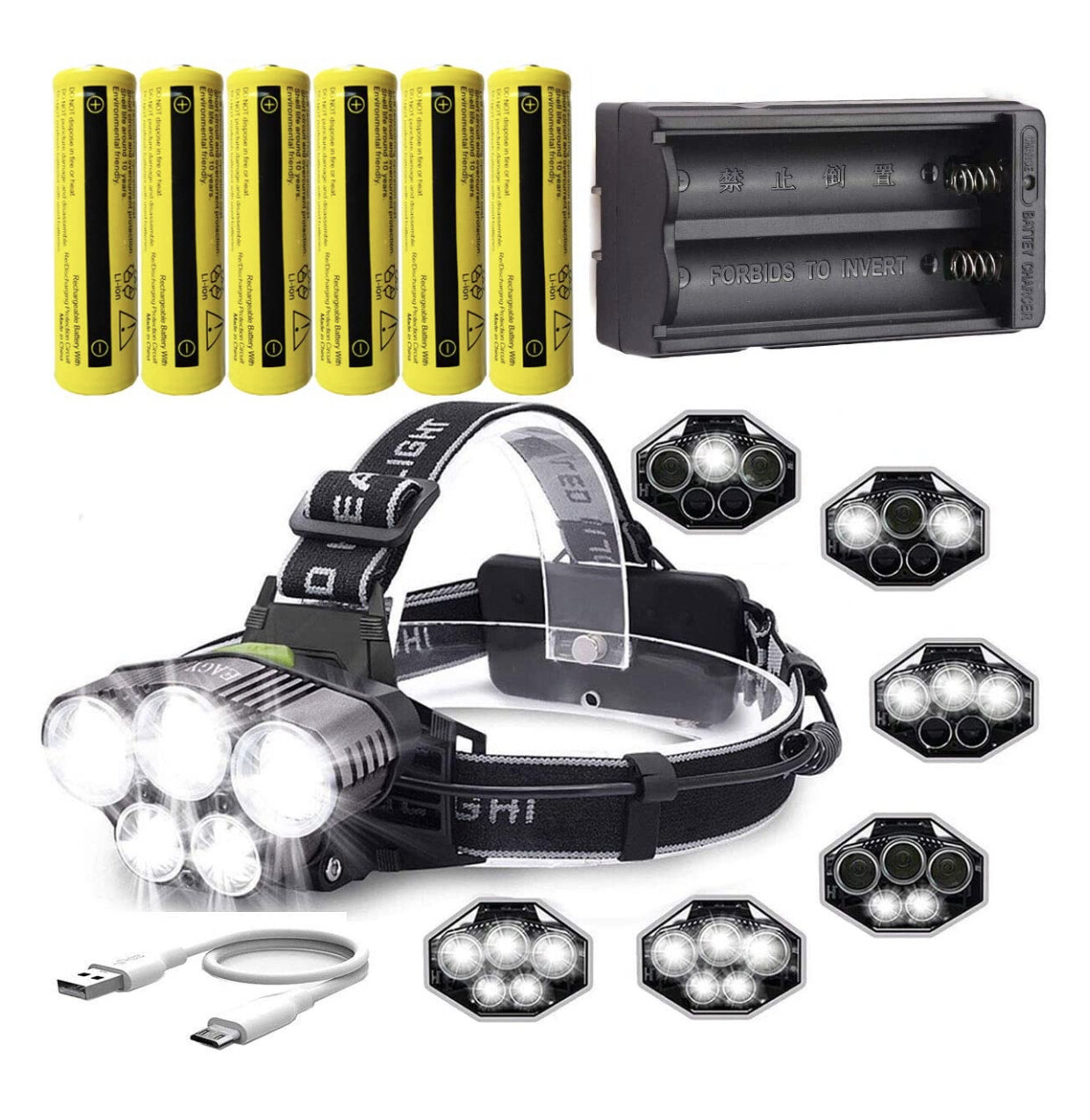 LED Rechargeable 12000 Lumens 18650 Headlamp Flashlight,Kit with 6PCS 3.7V 1500mAh Rechargeable Battery + Charger