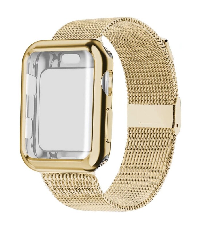Band Case Compatible with Apple Watch 44mm Case, Stainless Steel Mesh Loop Band with Apple Watch Screen Protector