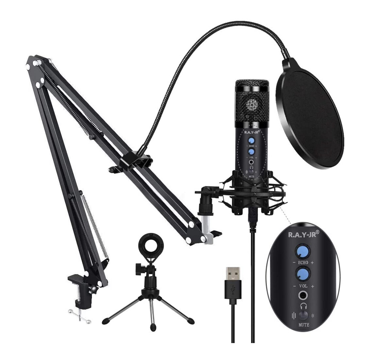​USB Microphone for Computer, with Noise Reduction, Mute Key, Mic Gain/Echo Knob, PC Microphone Kit