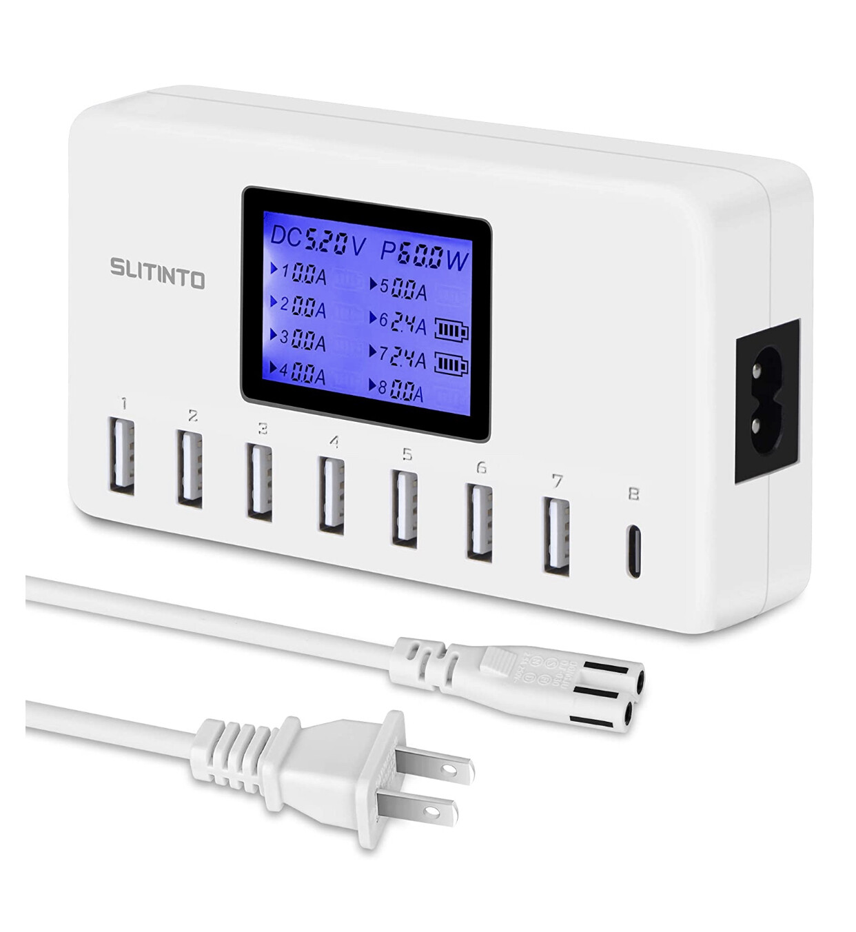 USB Charger 60W 12A 8-Port USB Station Multi Port USB Hub UL Certified Compact Size LCD Screen