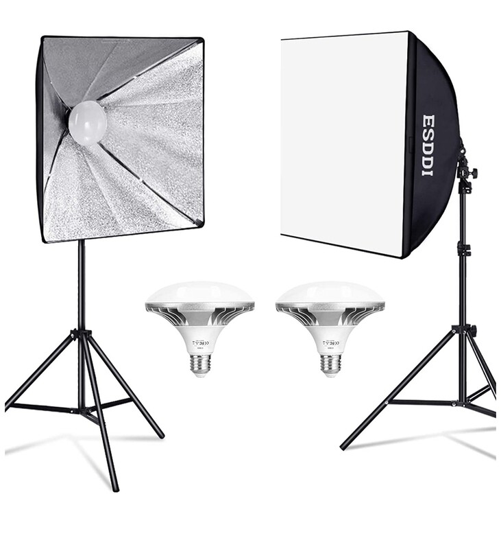 ESDDI Softbox Lighting Kit 900W 5400K E27 Socket and 2 Reflectors 50 x 50 cm and 2 LED Bulbs