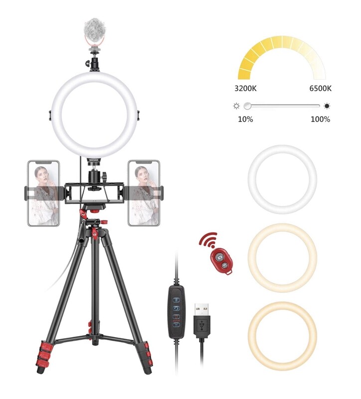 Neewer 8-Inch Selfie Ring Light with Tripod, 3 Cold Shoes, 2 Phone Holders, LED Ring Light with Remote