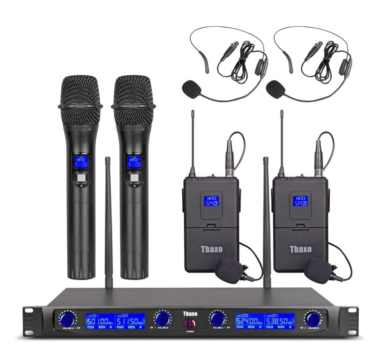 Wireless Microphone System UHF 4 Channel Microphone 2 Handheld Mic 2 Headset 2 Lavalier Bodypack 2 Lapel Mic