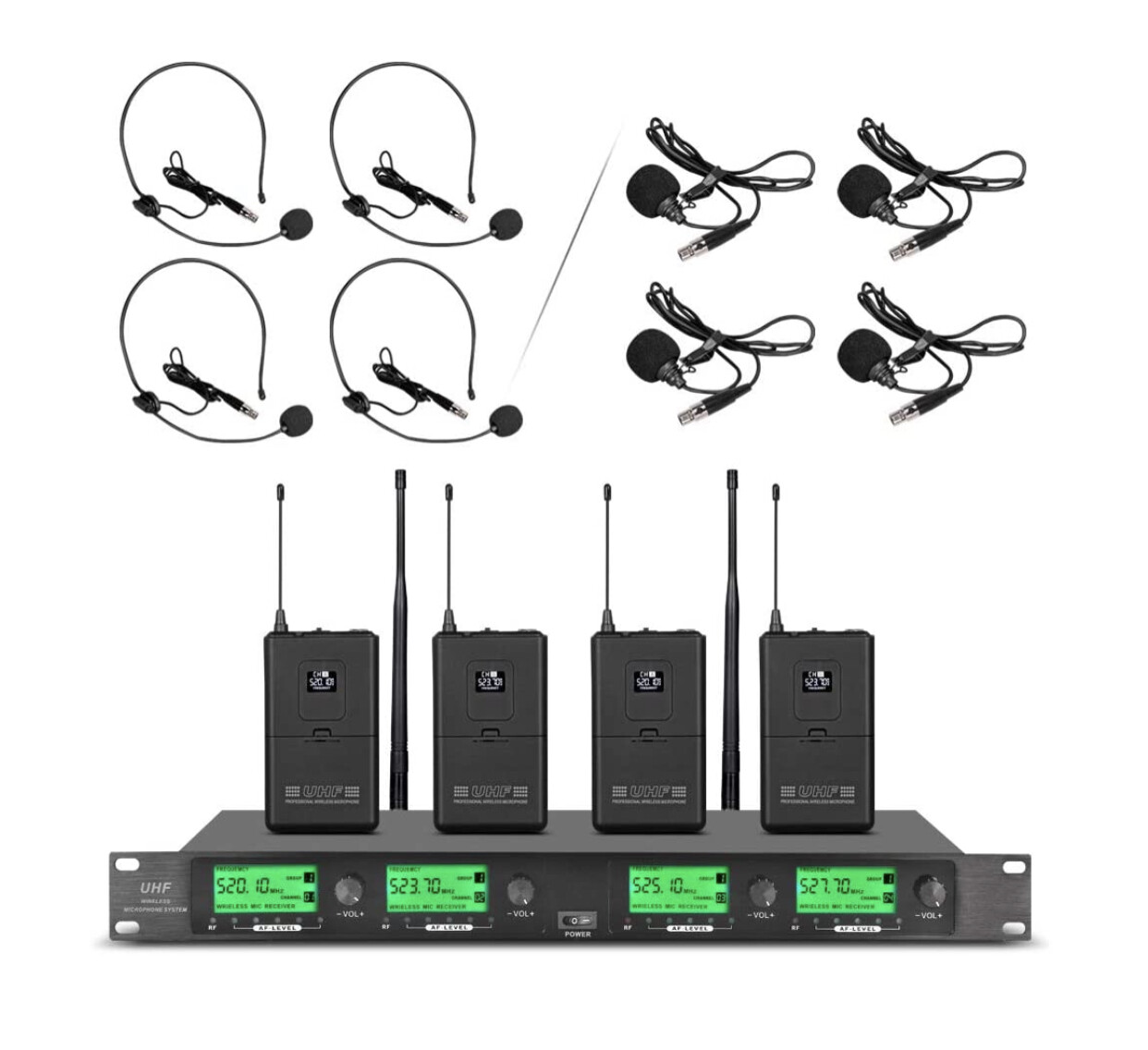 Wireless Microphone System Pro Audio UHF 4 Channel 4 Lavalier Bodypacks 4 Lapel Mic 4 Headsets
