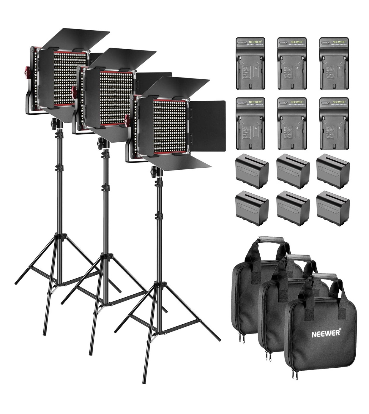 Neewer 3 Packs 660 LED Video Light Dimmable Bi-Color with Barndoor and Light Stand Kit