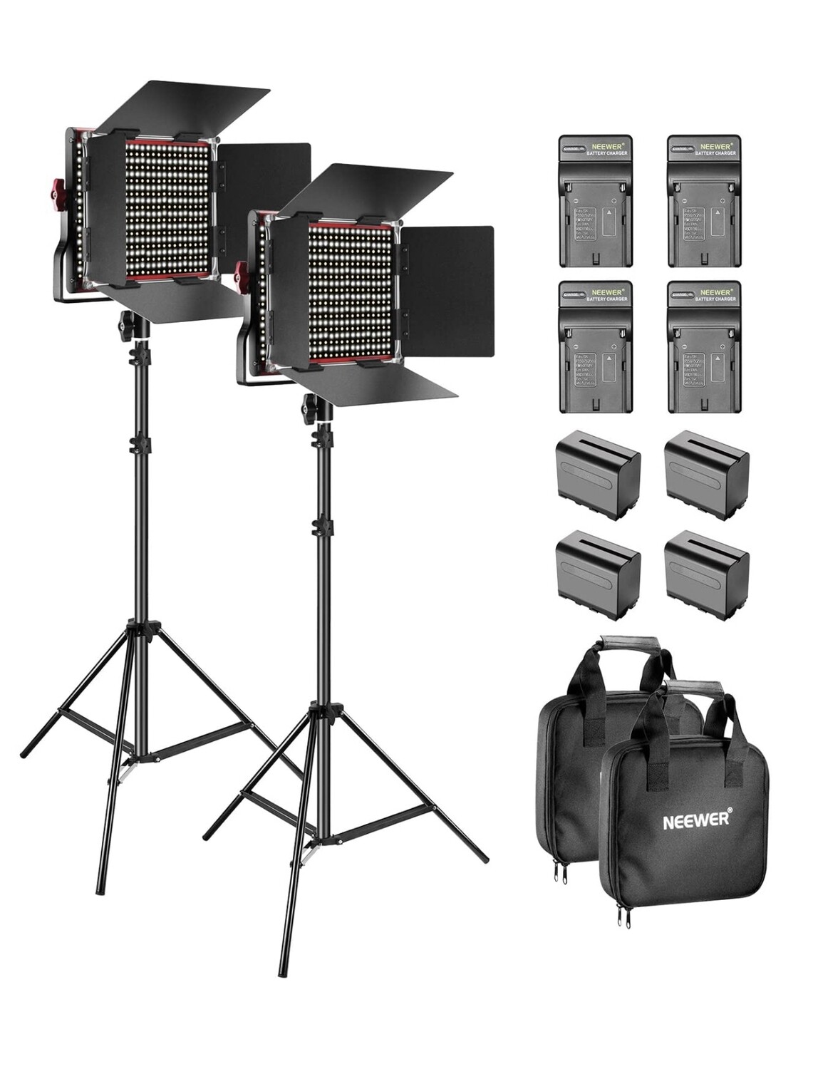 Neewer 2 Packs 660 LED Video Light Dimmable Bi-Color with Barndoor and Light Stand Kit