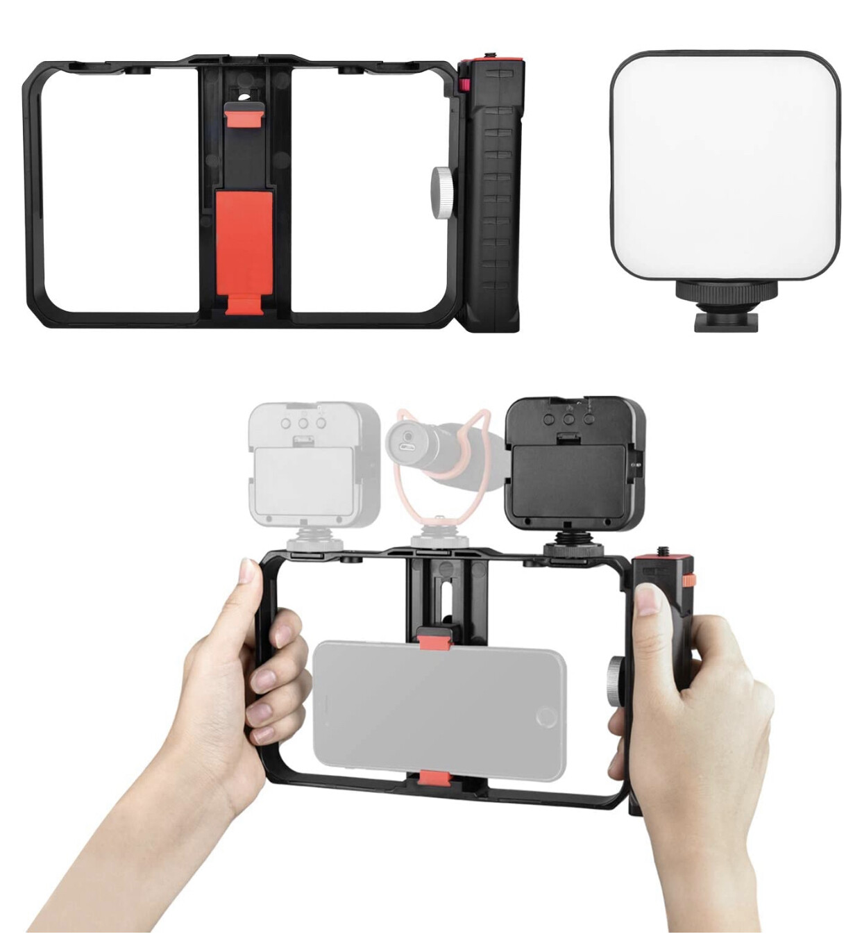 Smartphone Video Rig, Phone Stabilizer Rig Triple Cold Shoe Mount + 1 LED Video Light
