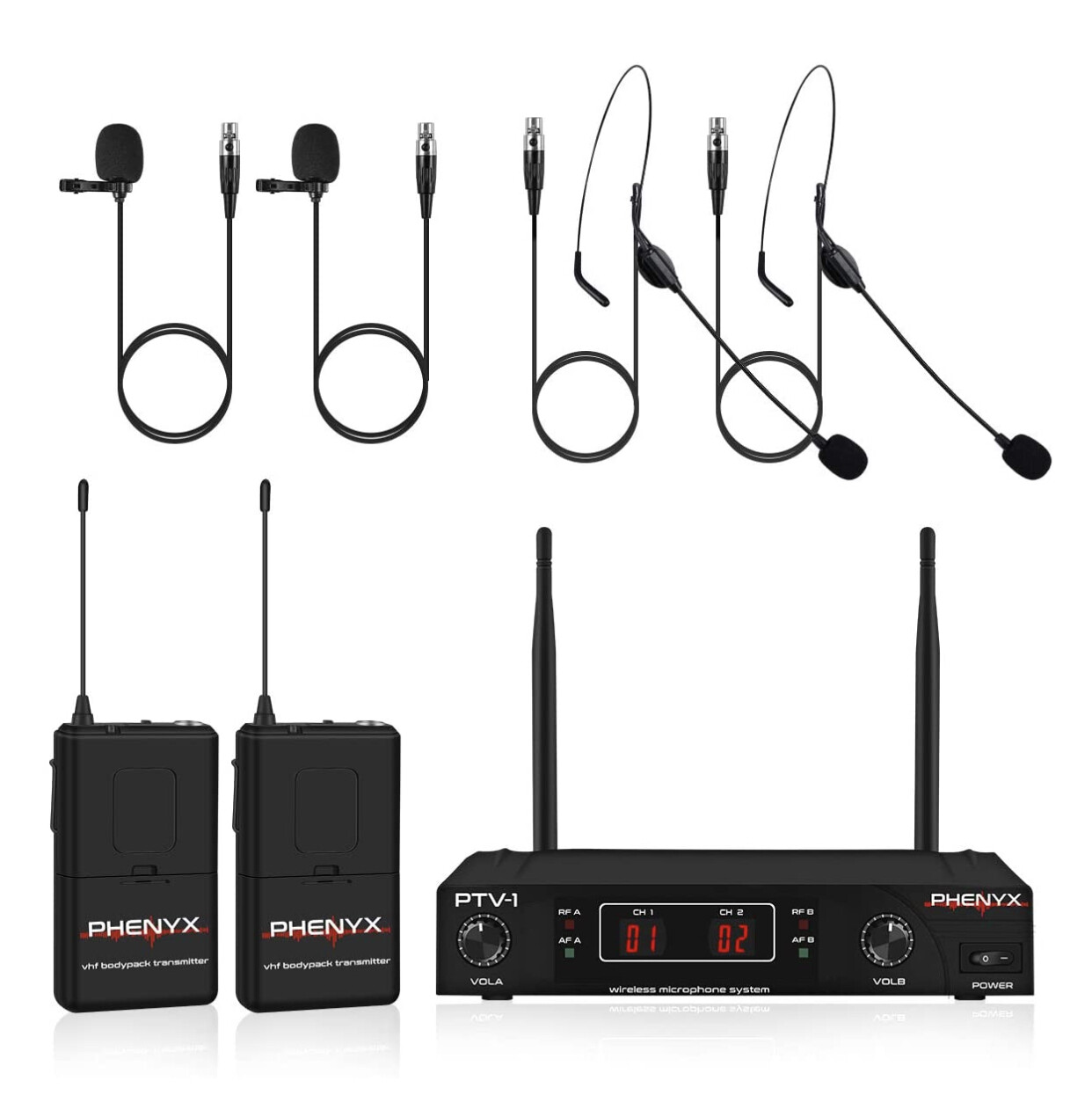 Wireless Microphone System, Phenyx Pro VHF Cordless Mic Set with 2 Headsets+2 Lapels+2 Bodypacks