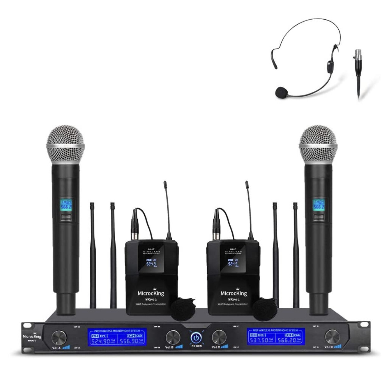 MicrocKing Wireless Microphone System,With 2 Handheld Mics and 2 Lavalier Bodypacks Kit