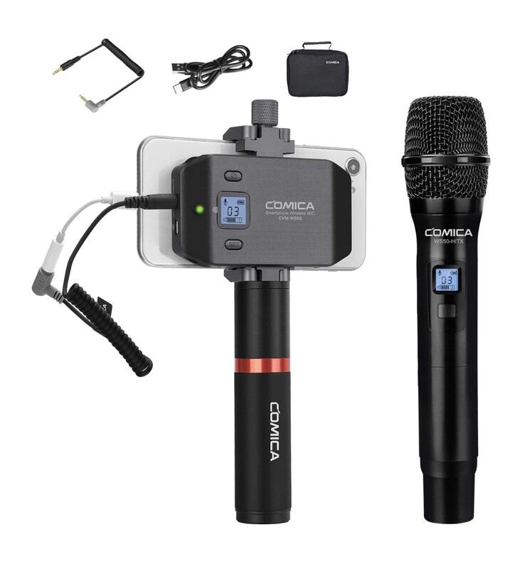 Comicaワイヤレス電話用マイクCVM-WS50（B）iPhone用ハンドグリップ付きプロフェッショナルUHF 6チャンネルラヴァリアーマイクシステム8 8 plus 7 7plus 6 Comicaワイヤレス電話用マイクCVM-WS50（B）iPhone用ハンドグリップ