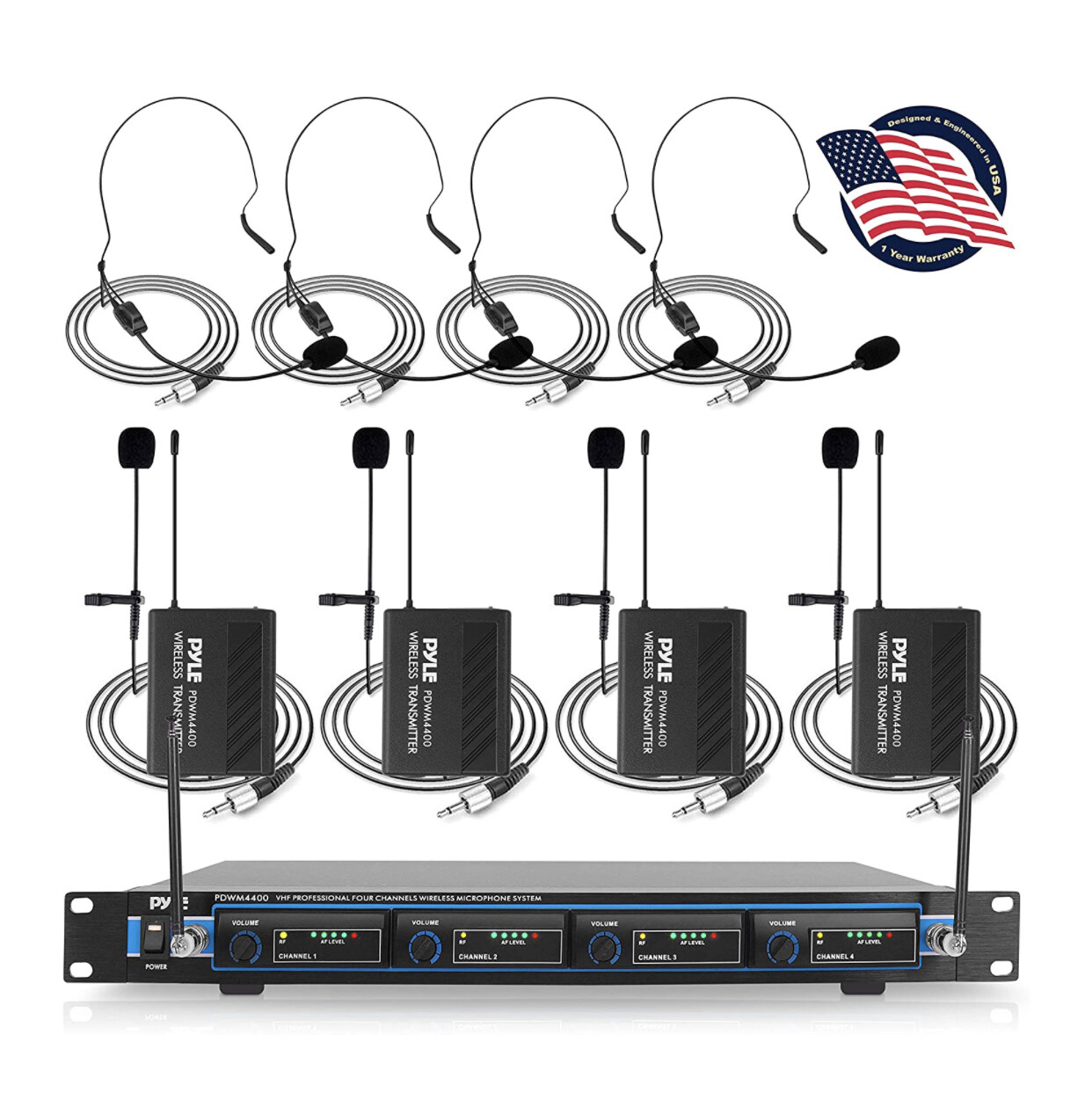 Pyle 4 Channel Wireless Microphone System - Professional VHF Audio Mic Set