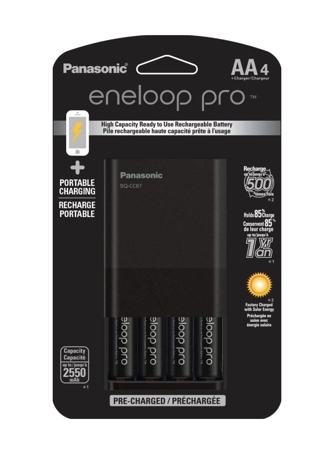 Panasonic Individual Battery Charger with Portable Charging Technology and 4AA Eneloop Pro Batteries