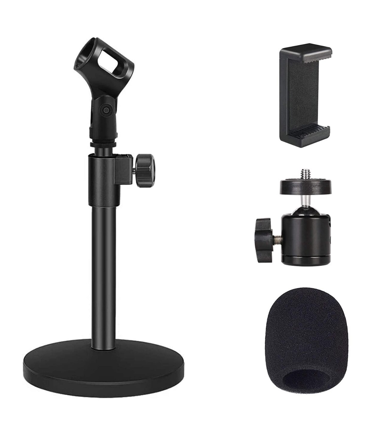 Desktop Microphone Stand, Adjustable With Microphone Clip, Cell Phone Clip and Mic Foam Cover