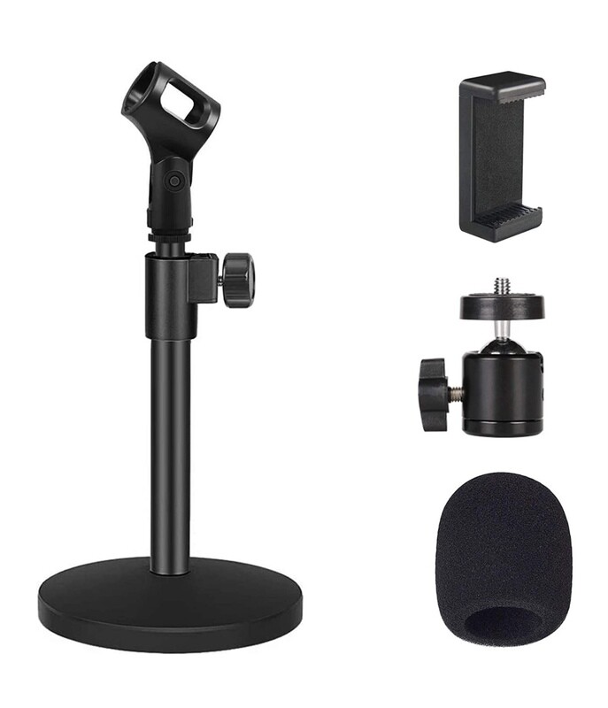 Desktop Microphone Stand, Adjustable With Microphone Clip, Cell Phone Clip and Mic Foam Cover