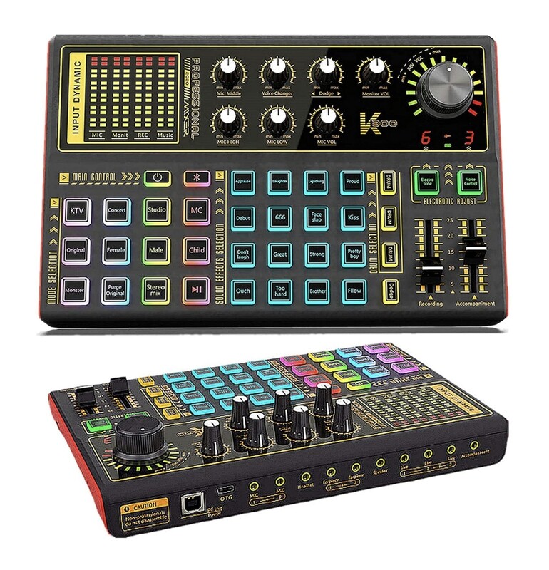 Sound Mixer Board, Live Sound Card Voice Changer with Multiple Sound Effects and LED Lights
