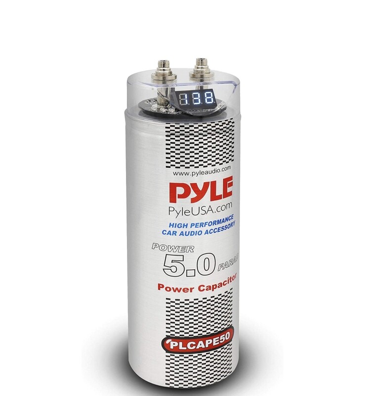 Pyle 5.0 Farad Digital Power Capacitor - High-Performance Car Audio Accessory with Blue Digital Display