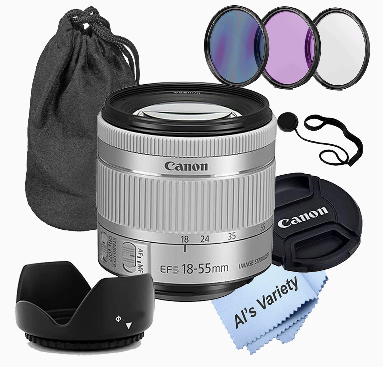 Canon EF-S 18-55mm is STM Auto Focus Zoom Lens + Filters,Tulip Hood,and Pouch-Bundle