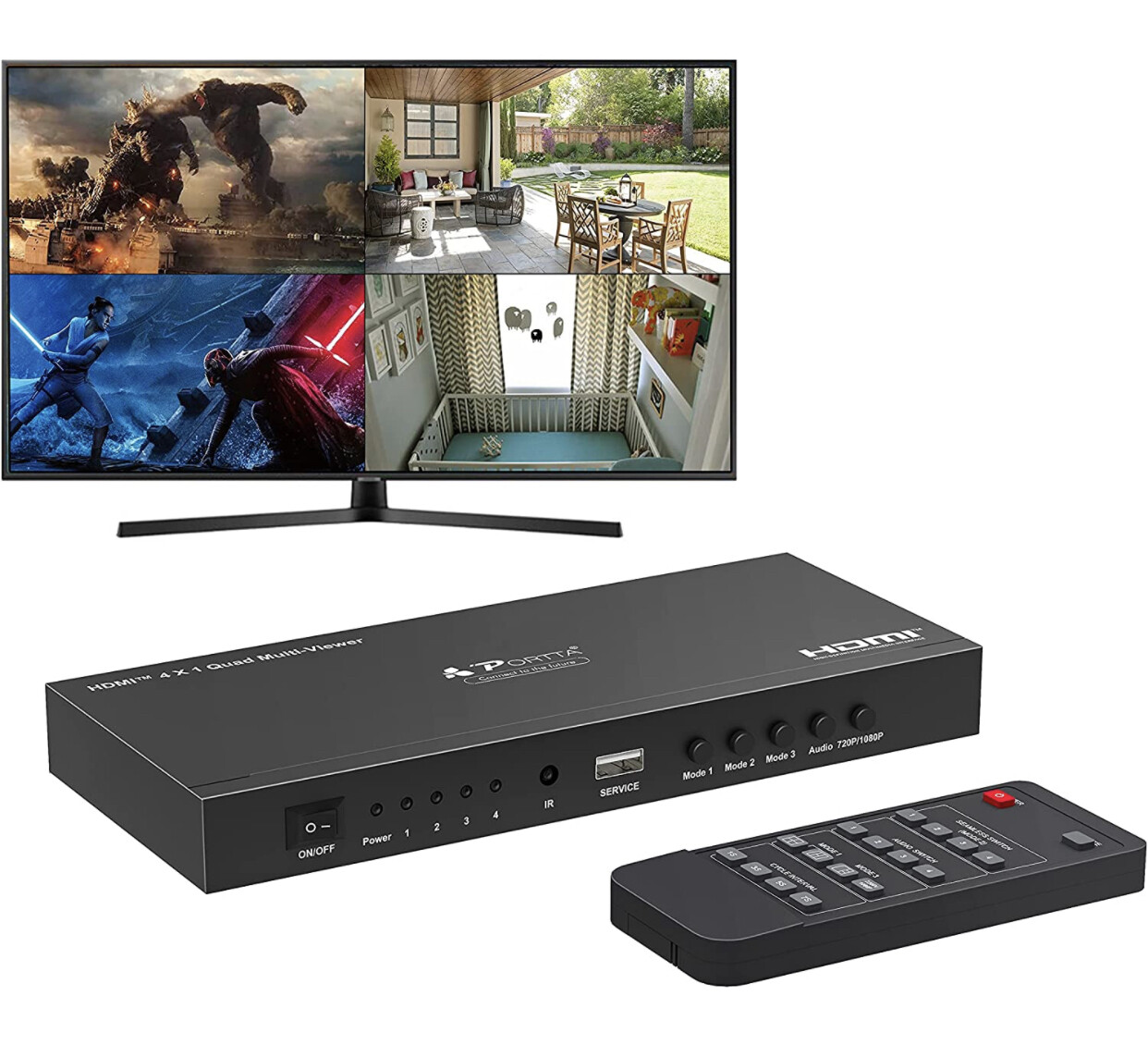 HDMI Multiviewer Switch 4x1, PORTTA HDMI Quad Multi-Viewer Seamless Switcher 4 in 1 Out with Loop