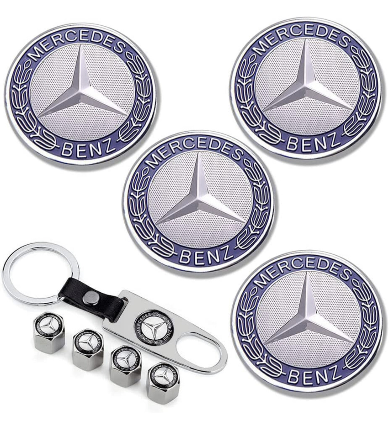 4 tapas centrales de repuesto para ruedas Mercedes-Benz de 75 mm/2.95 pulgadas + tapas de válvula + llavero