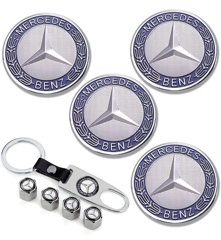 4 tapas centrales de repuesto para ruedas Mercedes-Benz de 75 mm/2.95 pulgadas + tapas de válvula + llavero