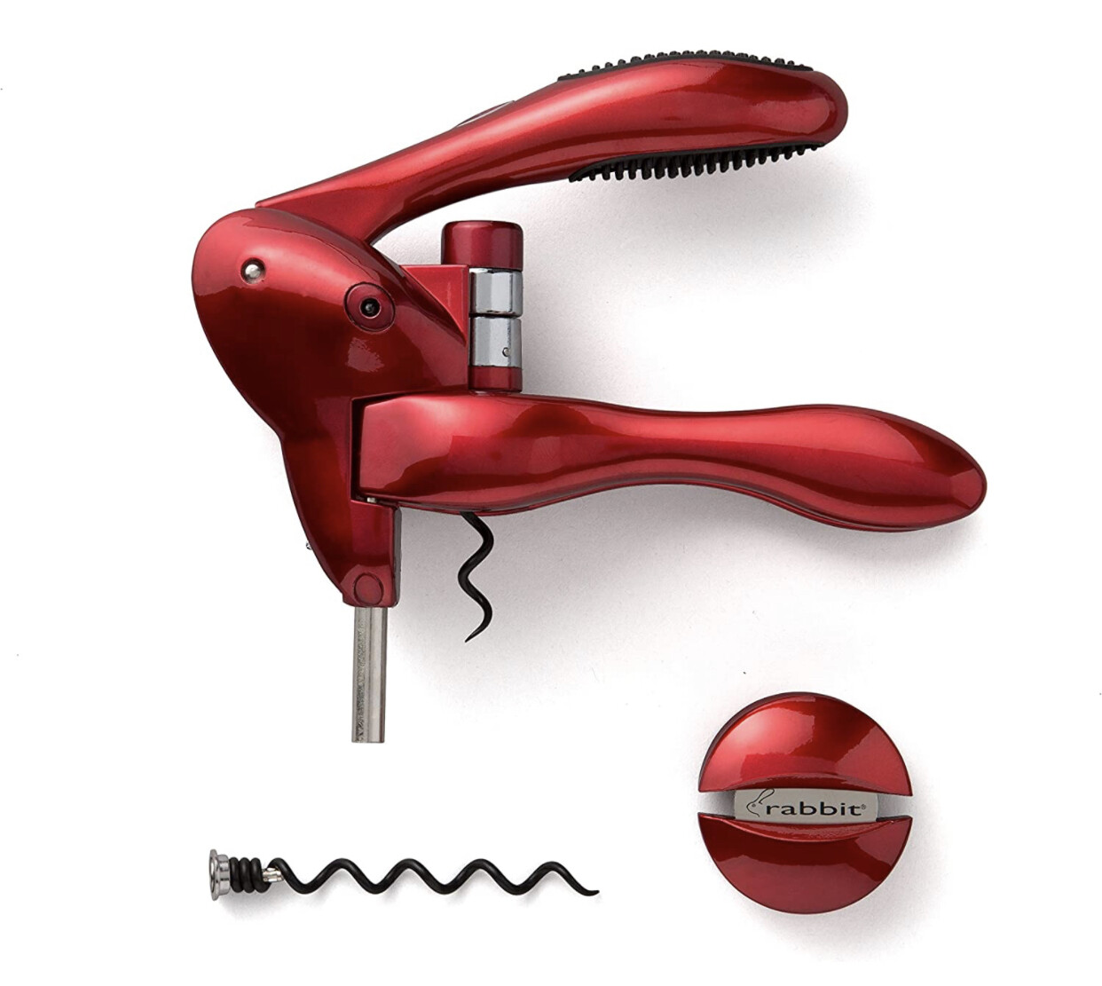Rabbit Original Lever Corkscrew Wine Opener with Foil Cutter and Extra Spiral (Red)